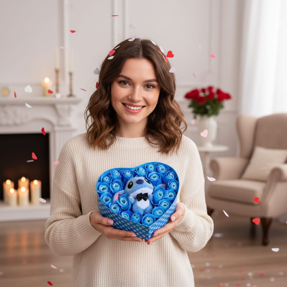 Coffret Peluche Stitch Boîte Cœur Roses Bleues