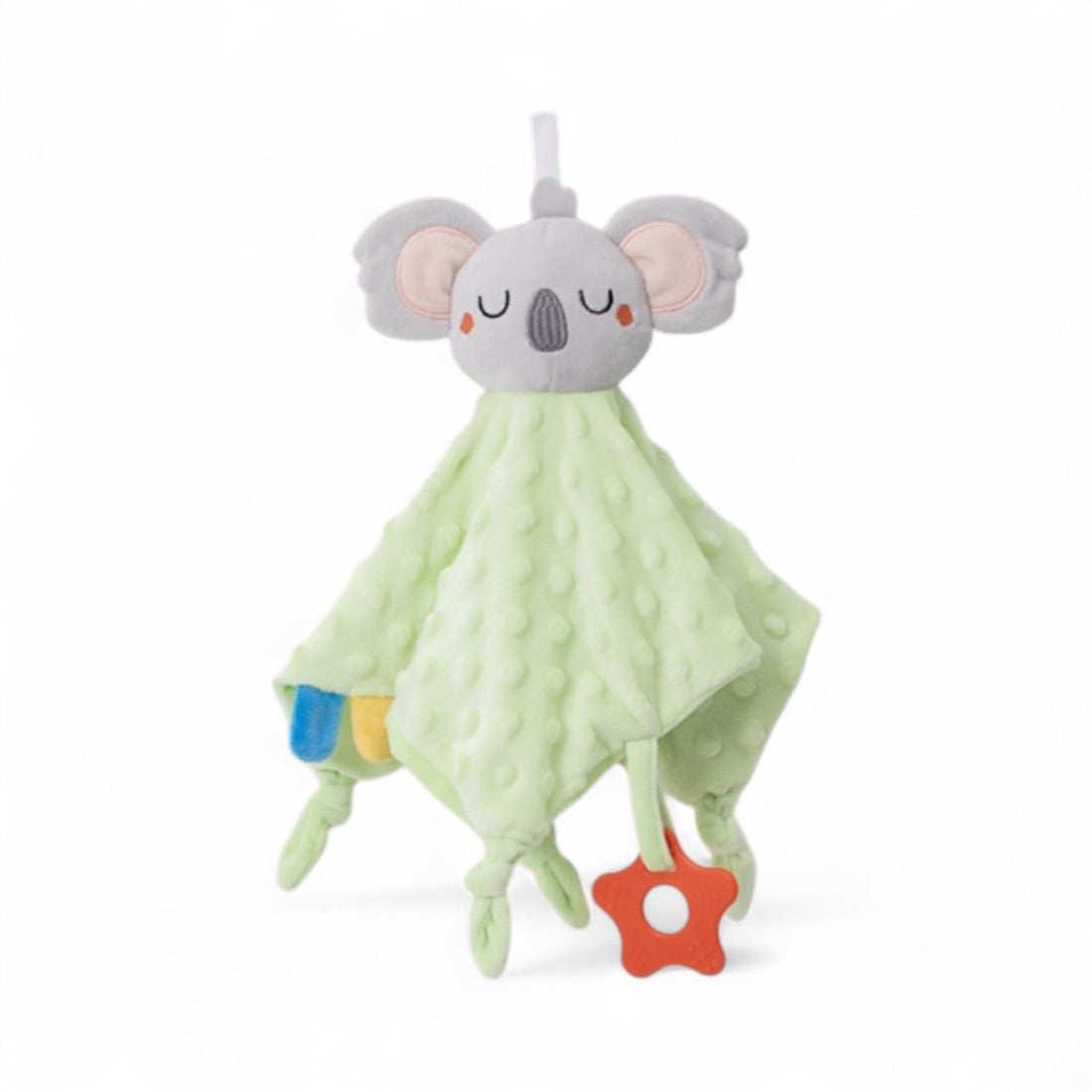 Doudou carré vert tête peluche koala avec anneau sensoriel
