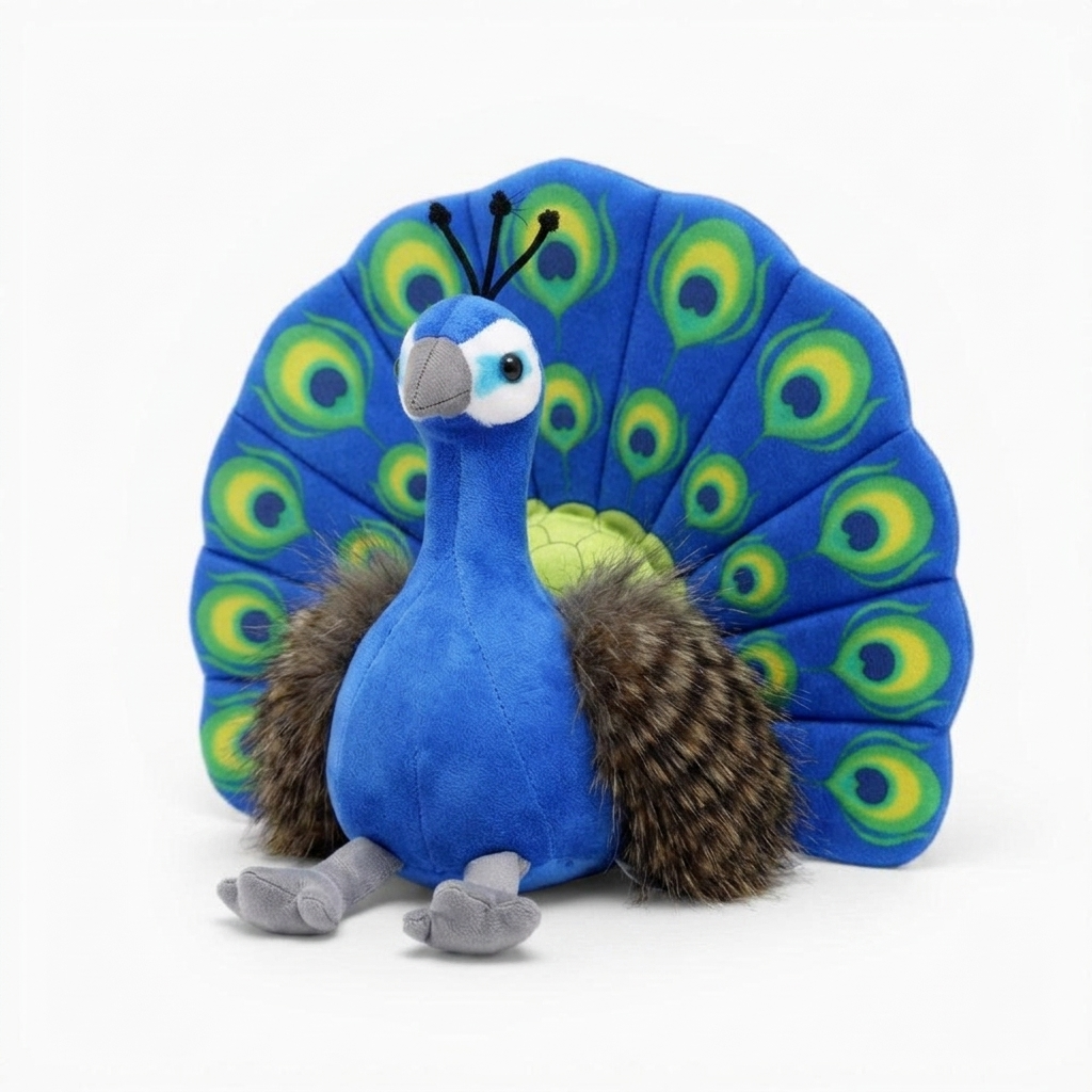 Peluche Paon Bleu avec Plumes Multicolores