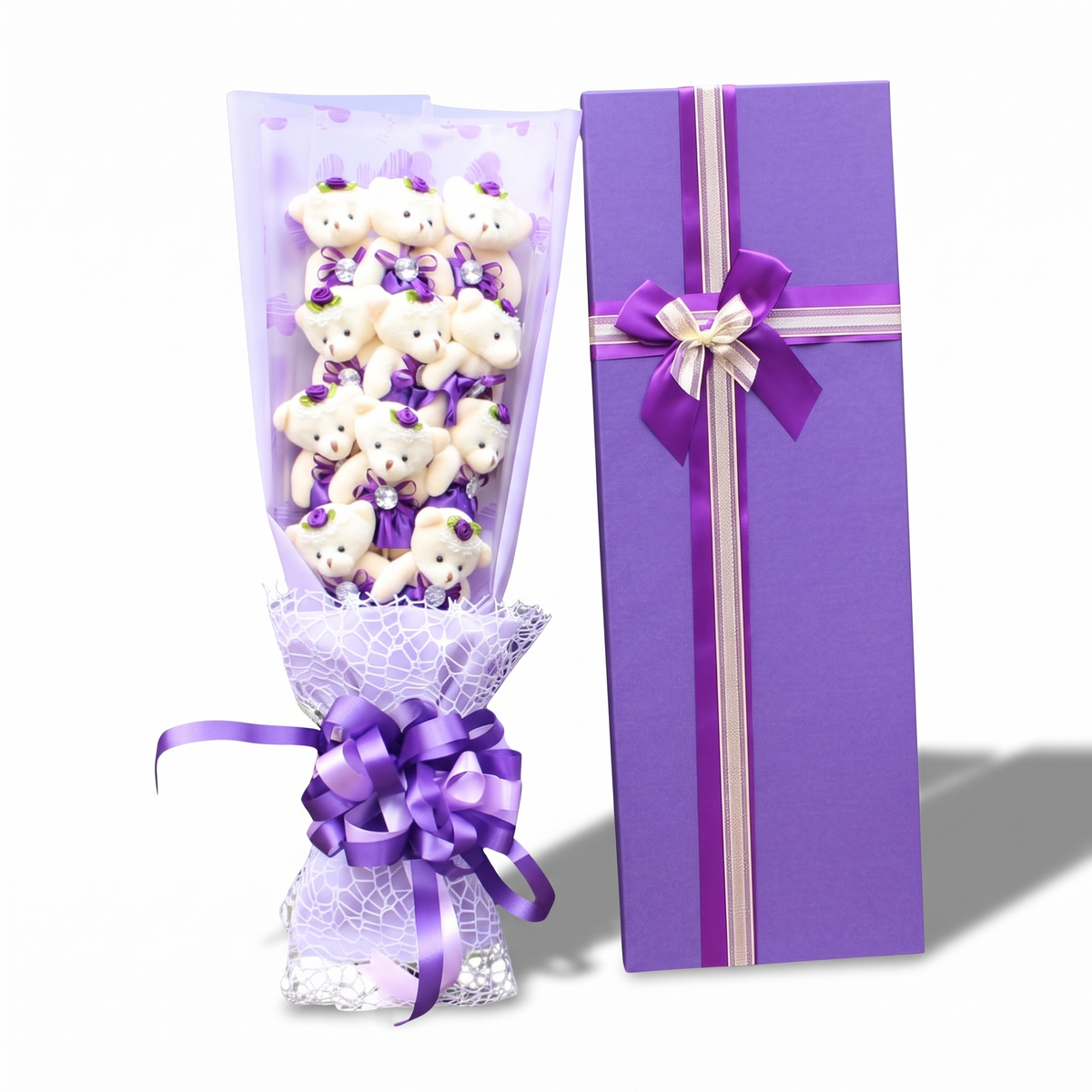 Blumenstrauß Teddybär Weiß mit lila Box
