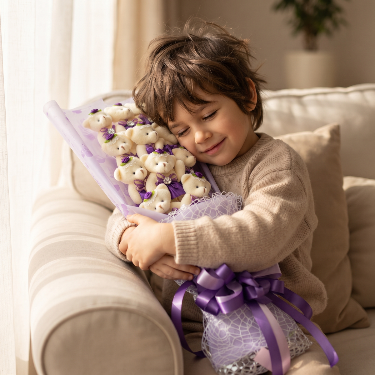 Bouquet Ours en Peluche Blanc avec Boîte Violette