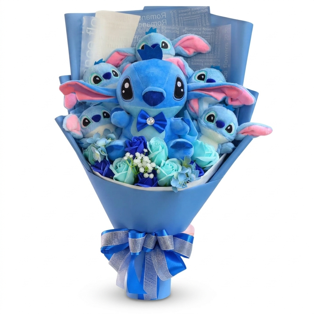 Bouquet Peluche Stitch avec Fleurs