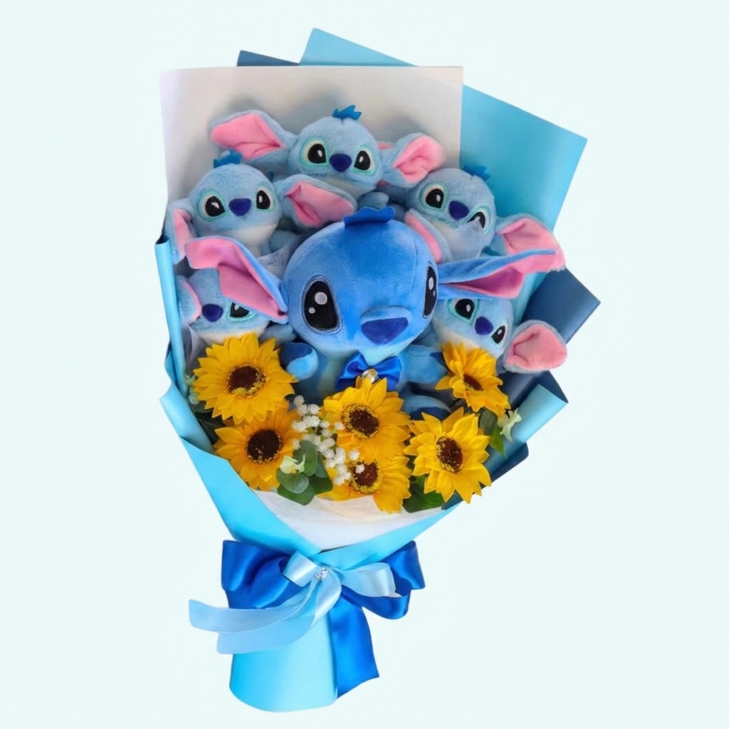 Blumenstrauß Plüschtier Stitch mit Blumen