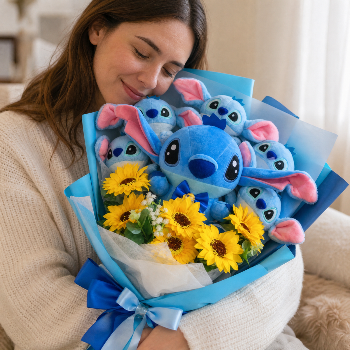 Bouquet Peluche Stitch avec Fleurs
