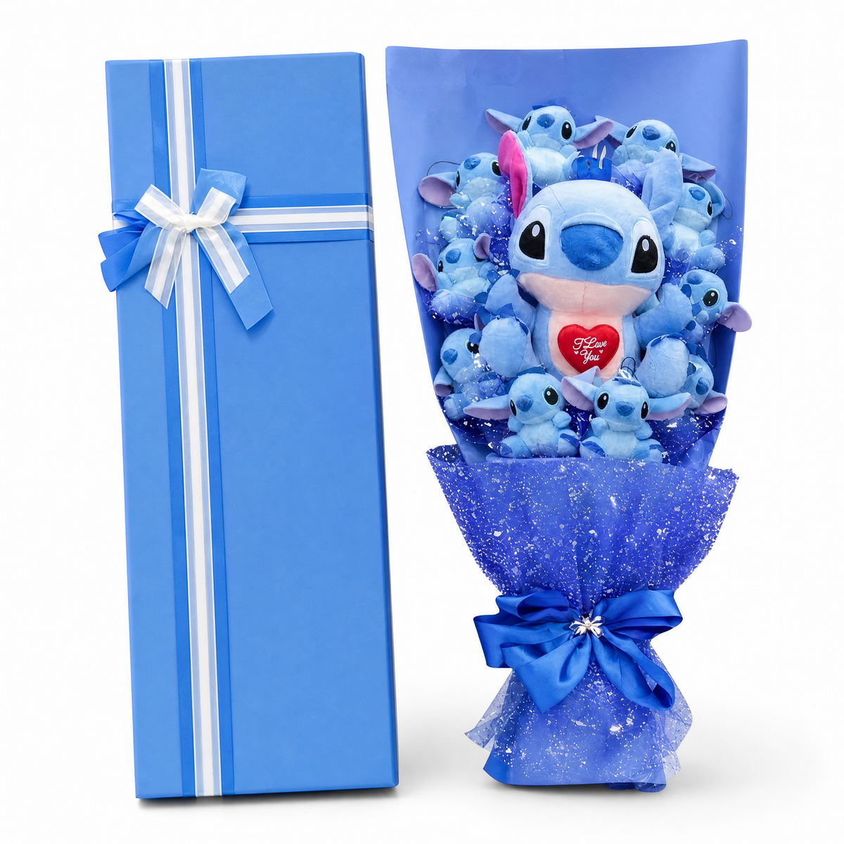 Bouquet Peluche Stitch I Love You avec Coffret