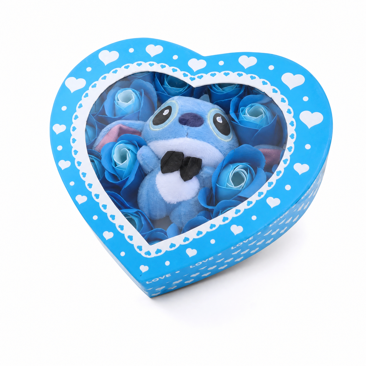 Coffret Peluche Stitch Boîte Cœur Roses Bleues