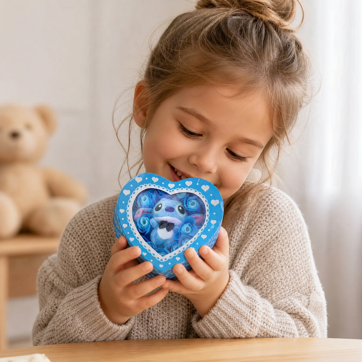Geschenkset Plüschtier Stitch Herzbox mit blauen Rosen