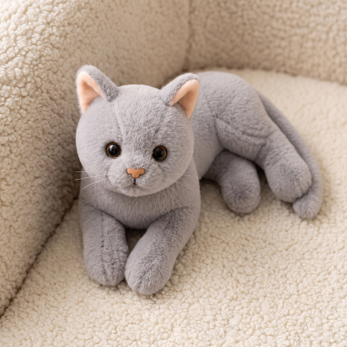 Peluche Chat Gris en Position Allongée