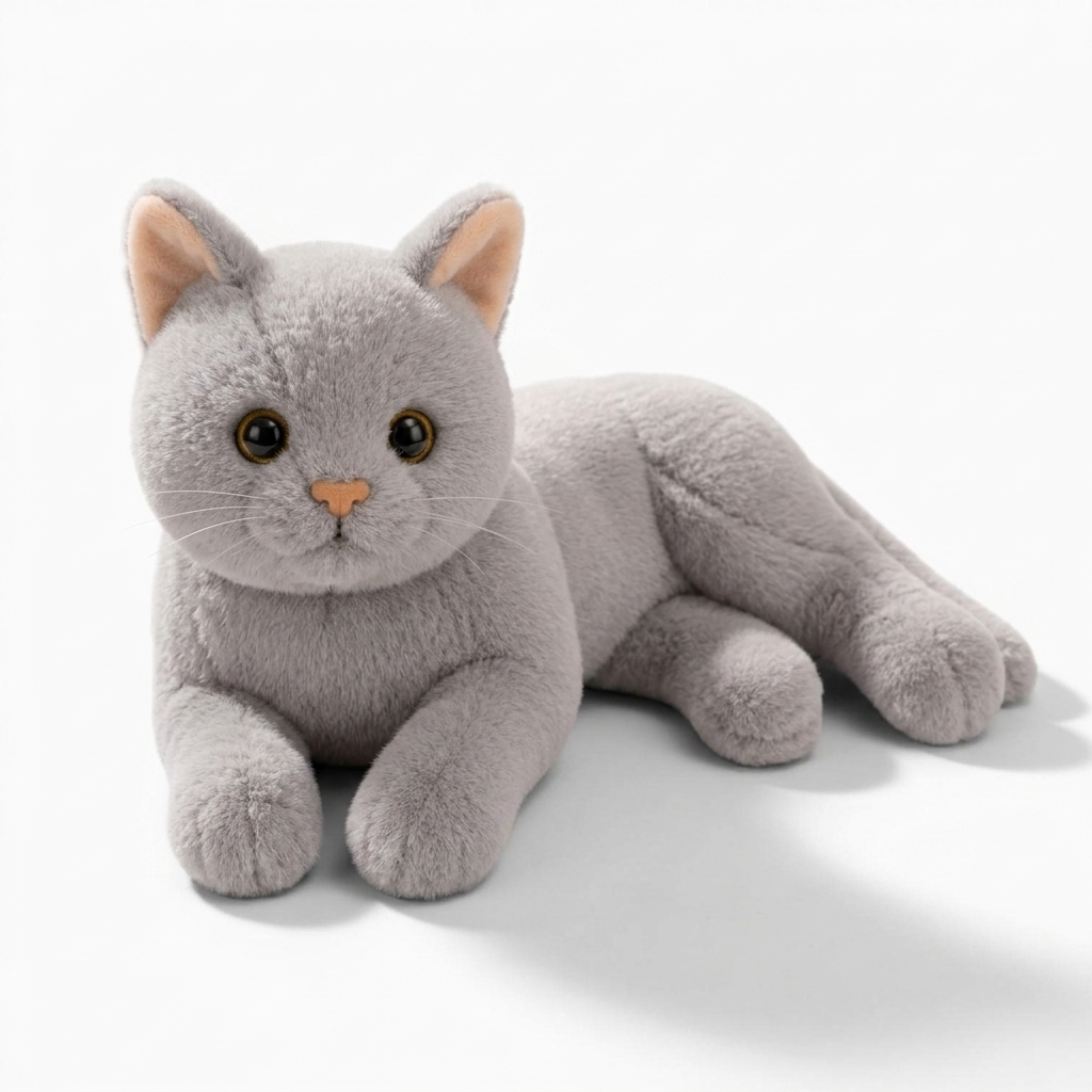 Peluche Chat Gris en Position Allongée