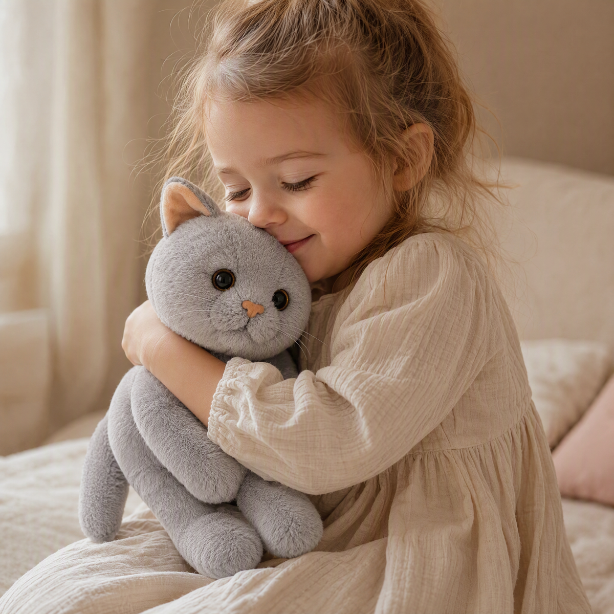 Peluche Chat Gris en Position Allongée