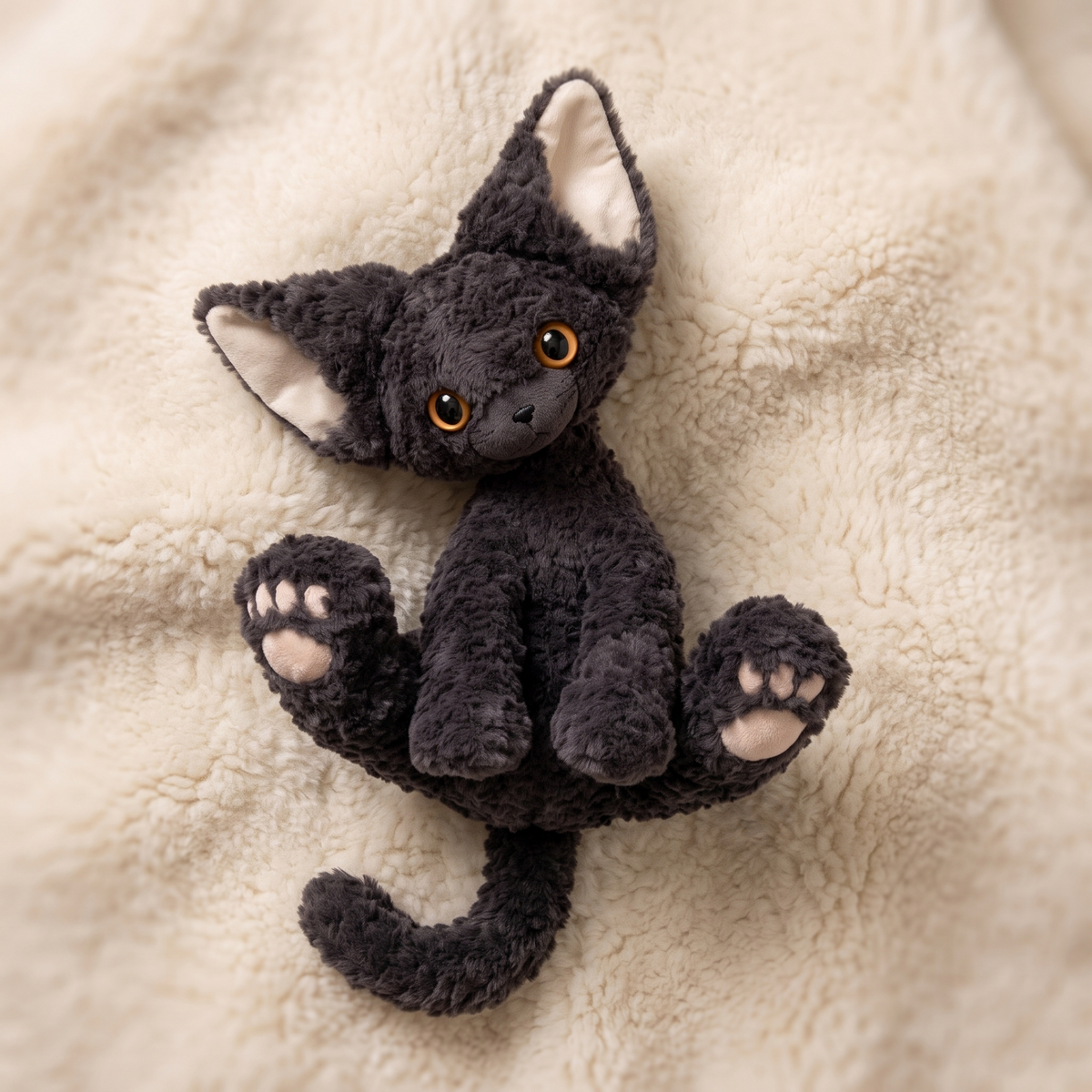 Peluche Chat Noir à Poil Bouclé aux Grands Yeux