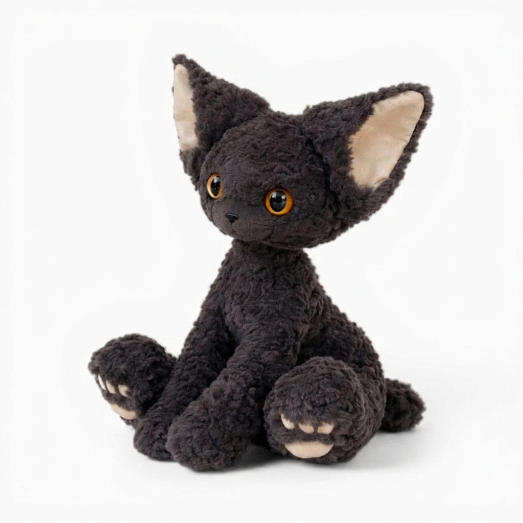 Peluche Chat Noir à Poil Bouclé aux Grands Yeux