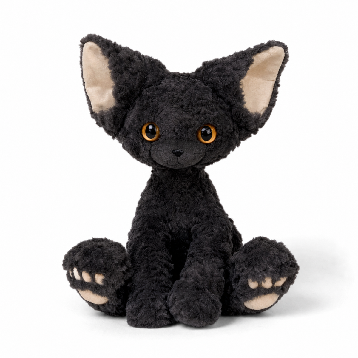 Peluche Chat Noir à Poil Bouclé aux Grands Yeux