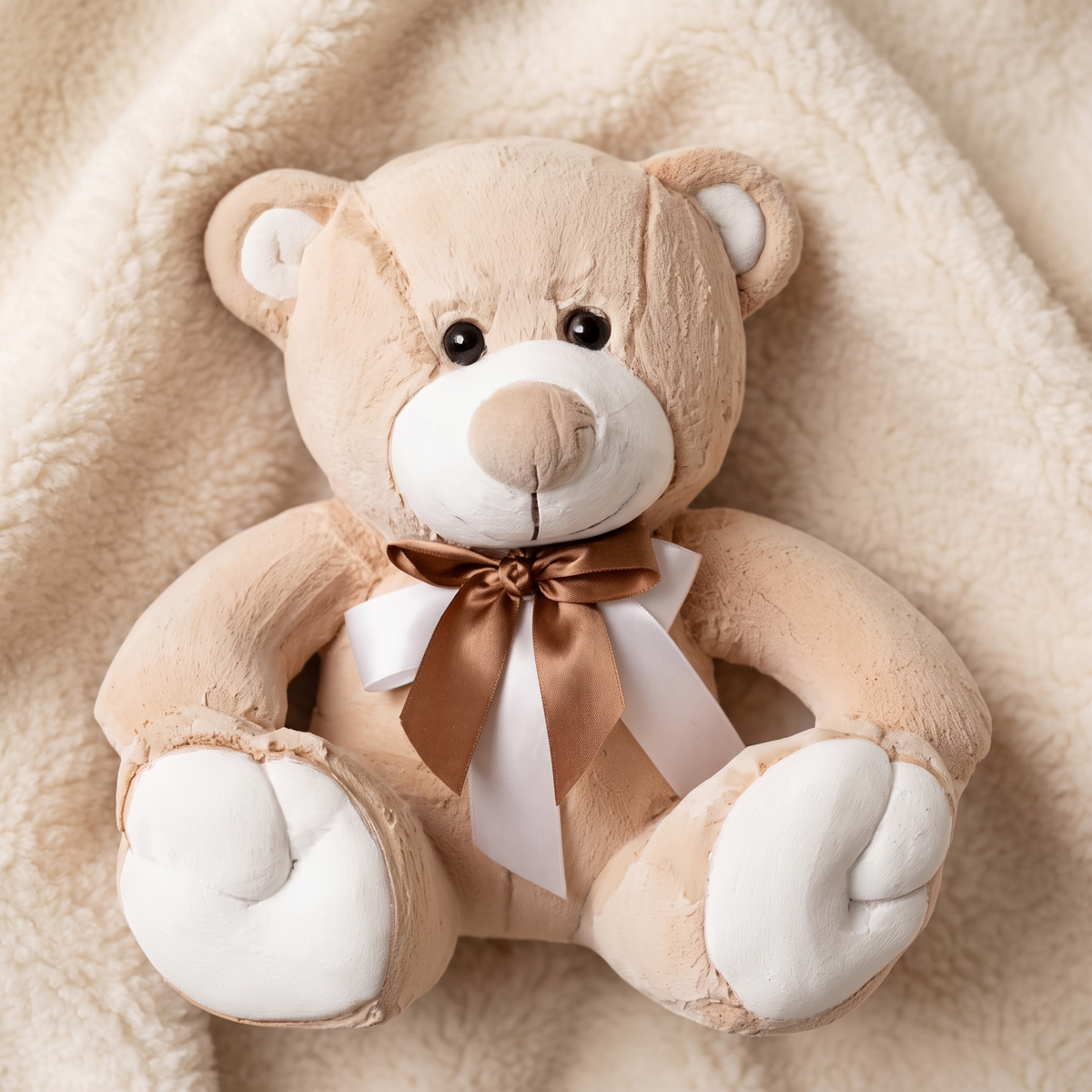 Teddybär Beige und Weiß mit goldener Schleife