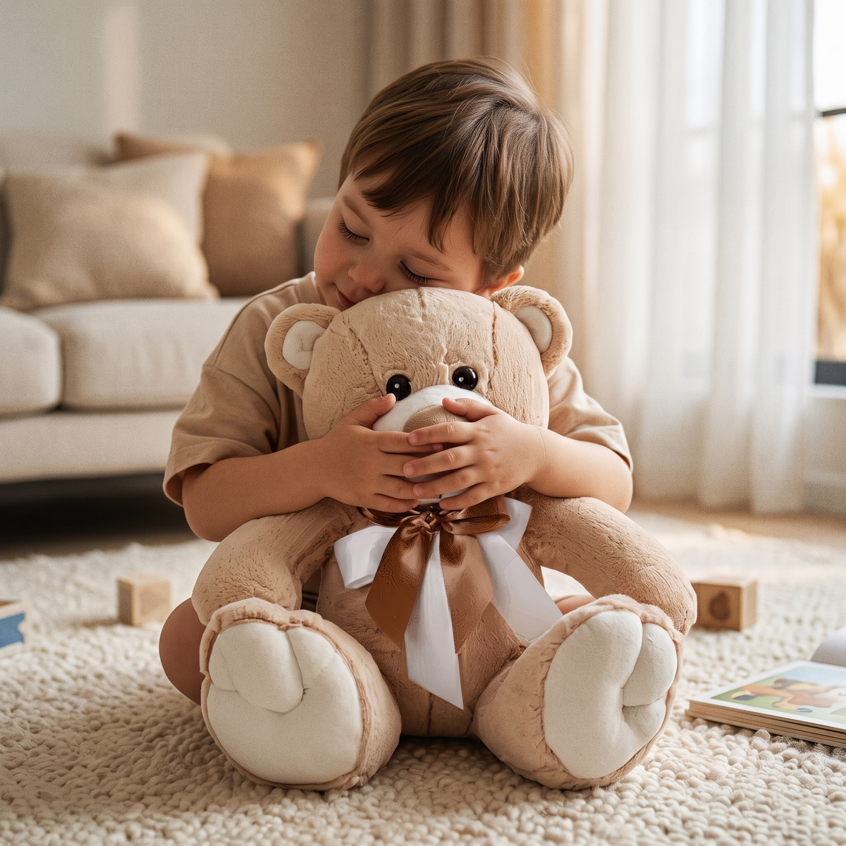 Ours en Peluche Beige et Blanc avec Nœud Doré