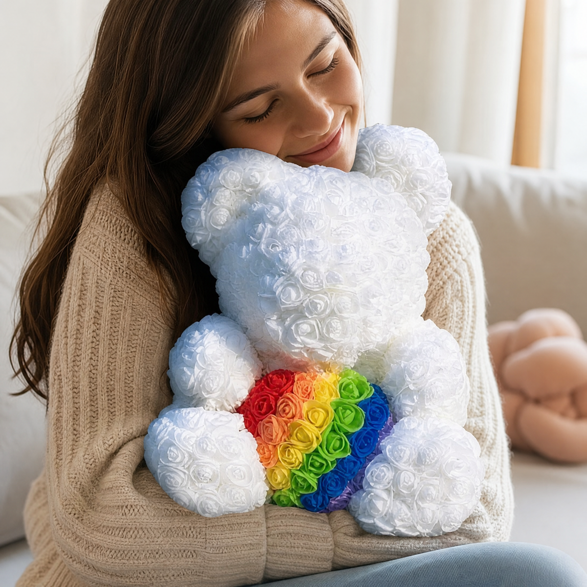 Rosenbär Weiß Regenbogenherz 40 cm