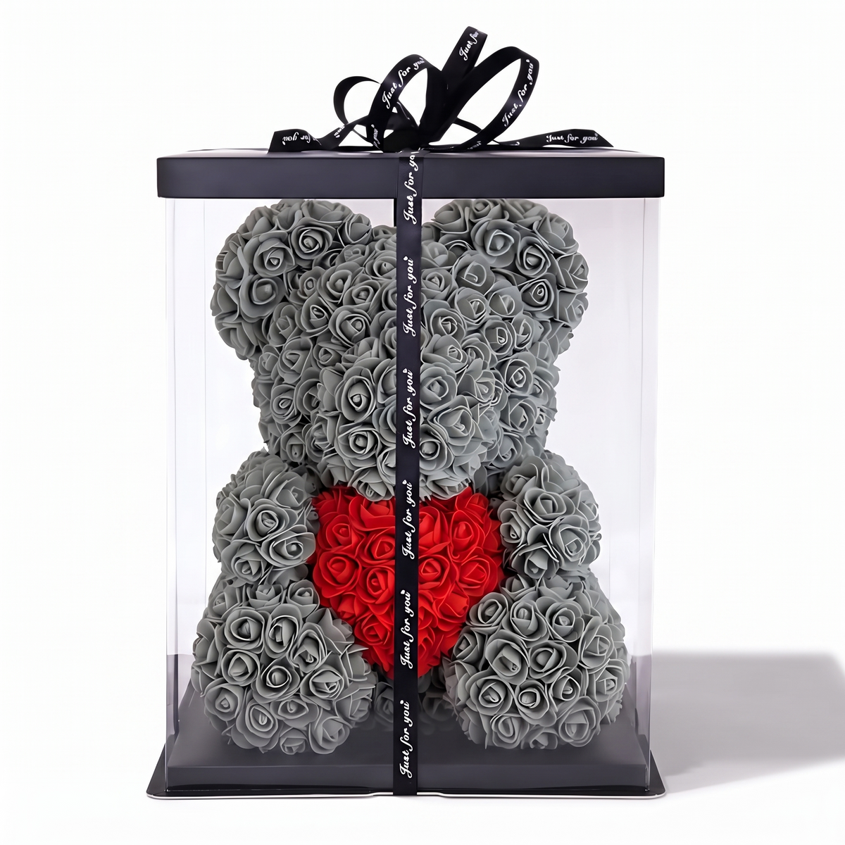 Ours en Roses Gris Cœur Rouge Coffret