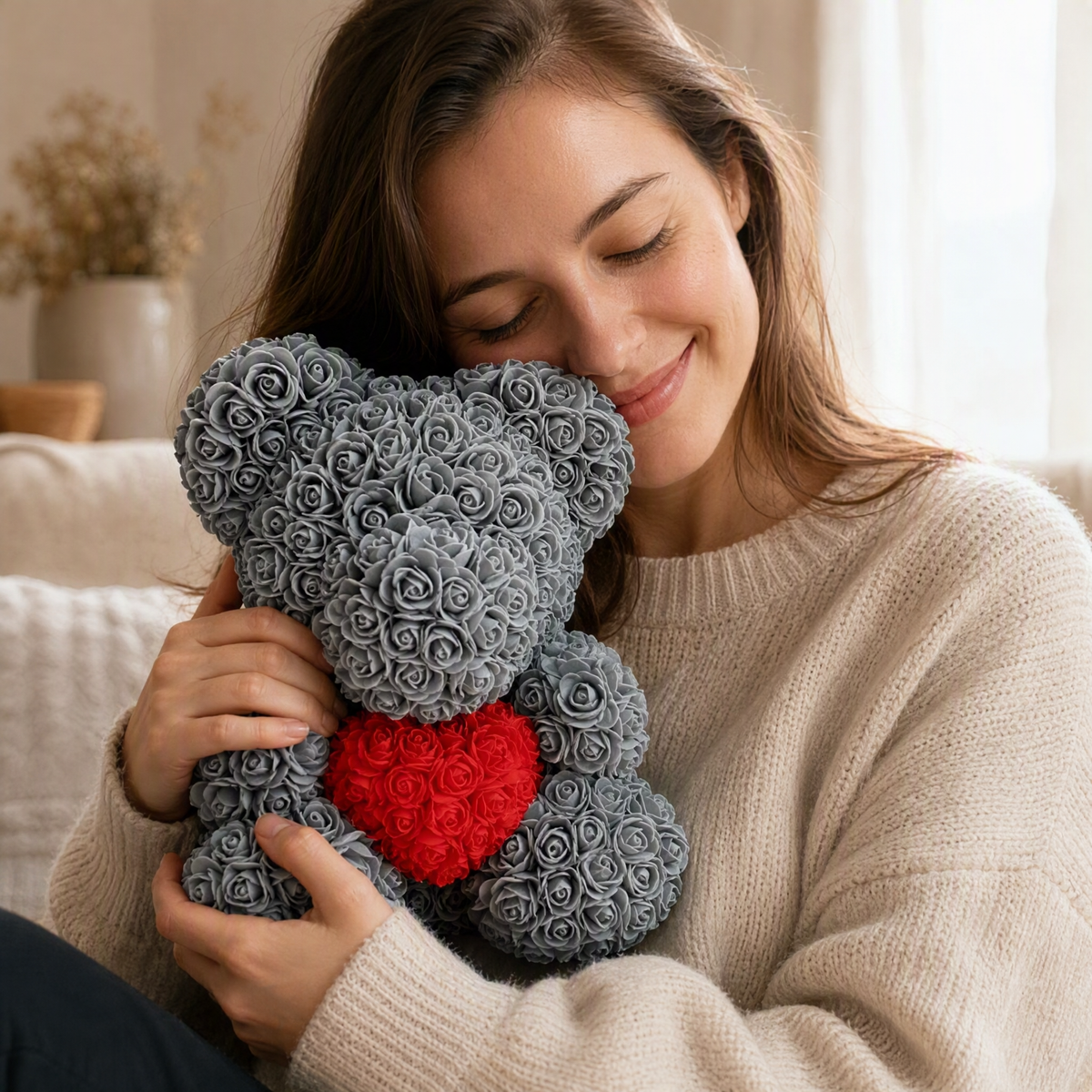Ours en Roses Gris Cœur Rouge Coffret