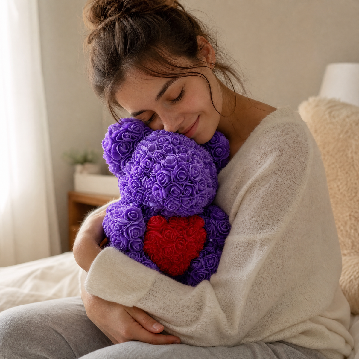 Ours en Roses Violet avec Cœur Rouge