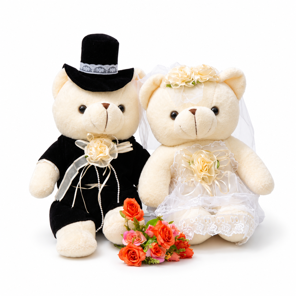 Brautpaar-Teddybären im Hochzeitsoutfit