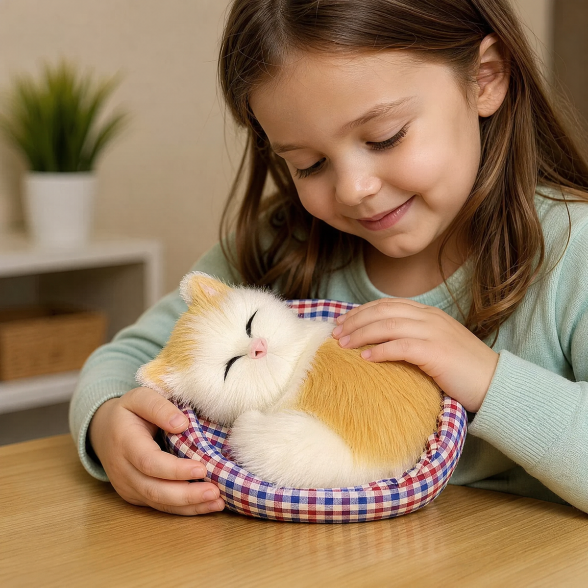 Peluche Chat Endormi avec Panier Décoratif