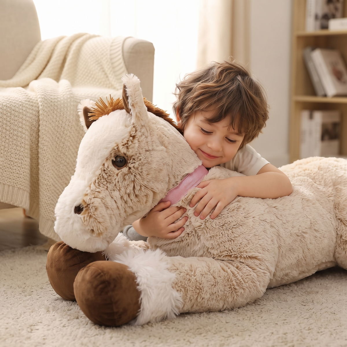 Peluche Cheval Géante Beige Couchée 90 cm