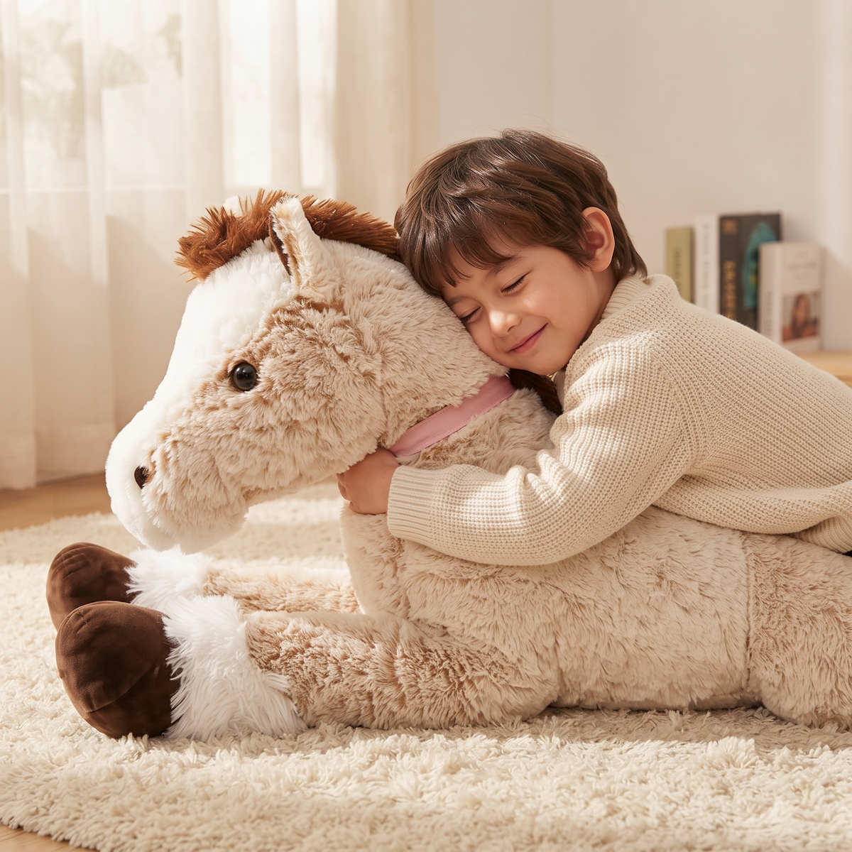 Peluche Cheval Géante Marron Blanc 90-120cm