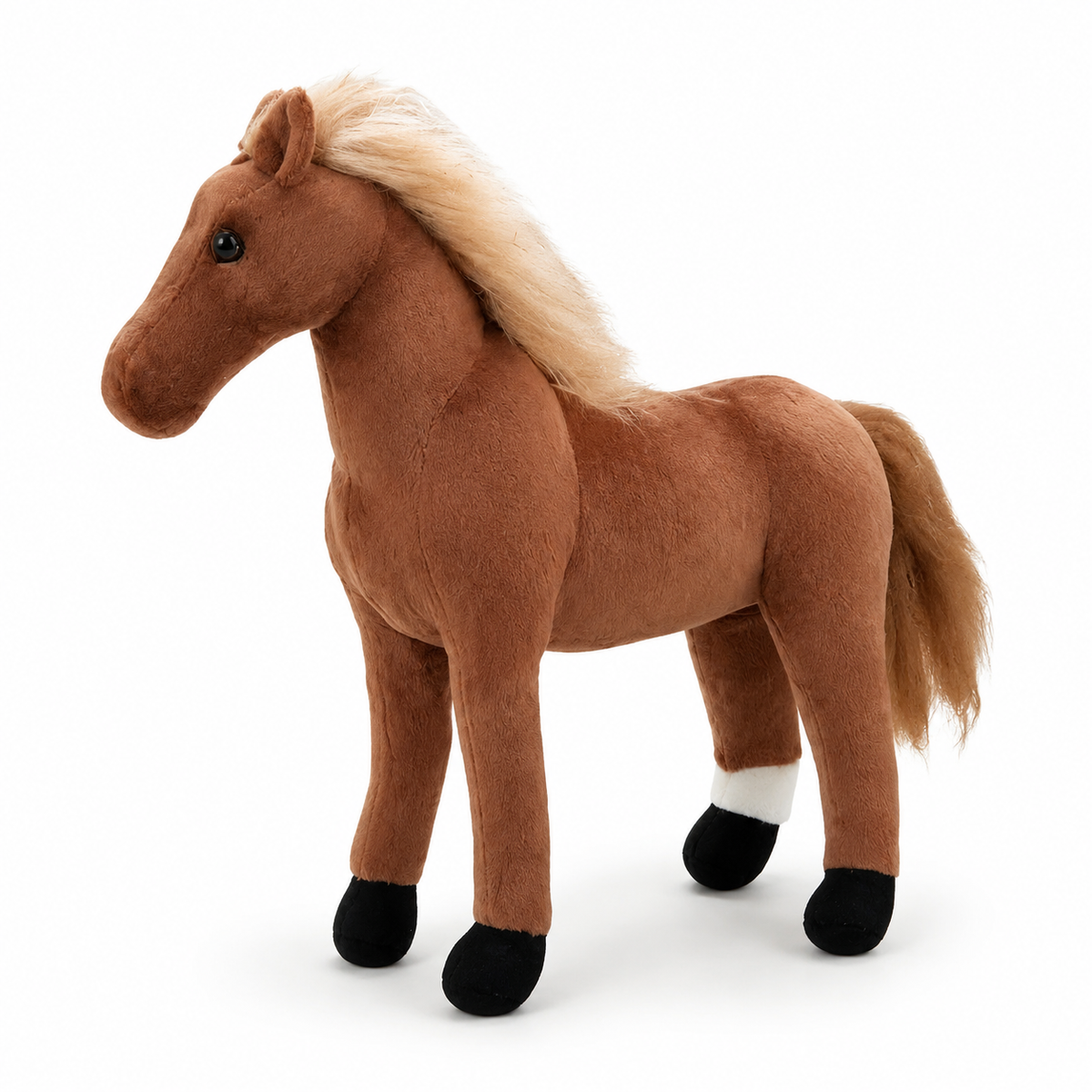Peluche Cheval Réaliste Marron avec Crinière Blonde