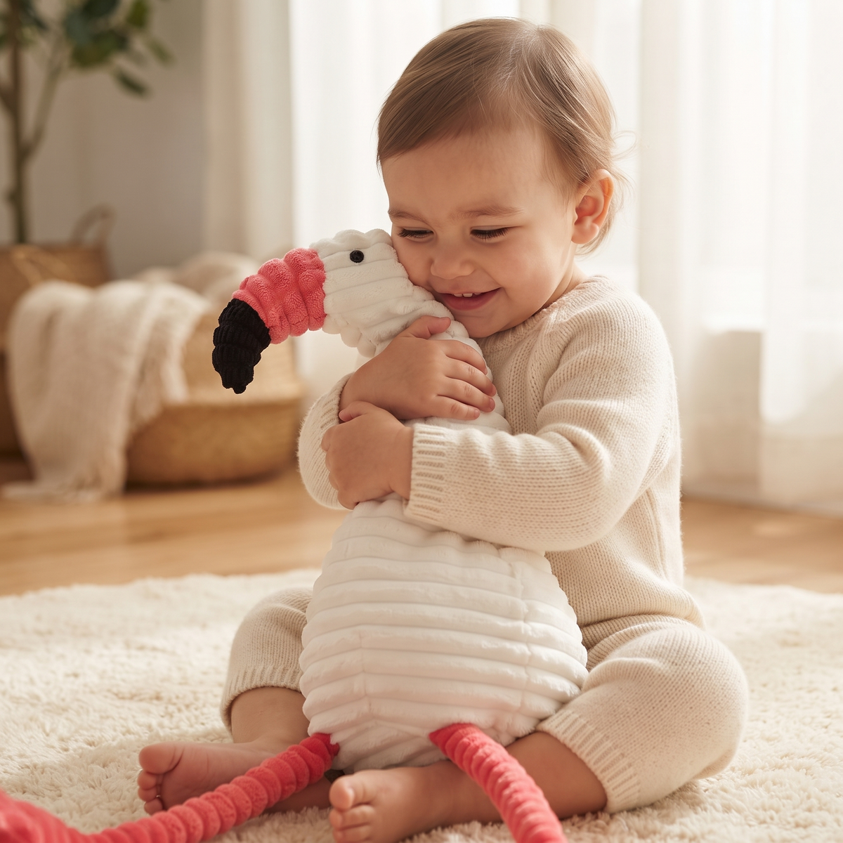 Peluche Flamant Rose Coton Côtelé Blanc