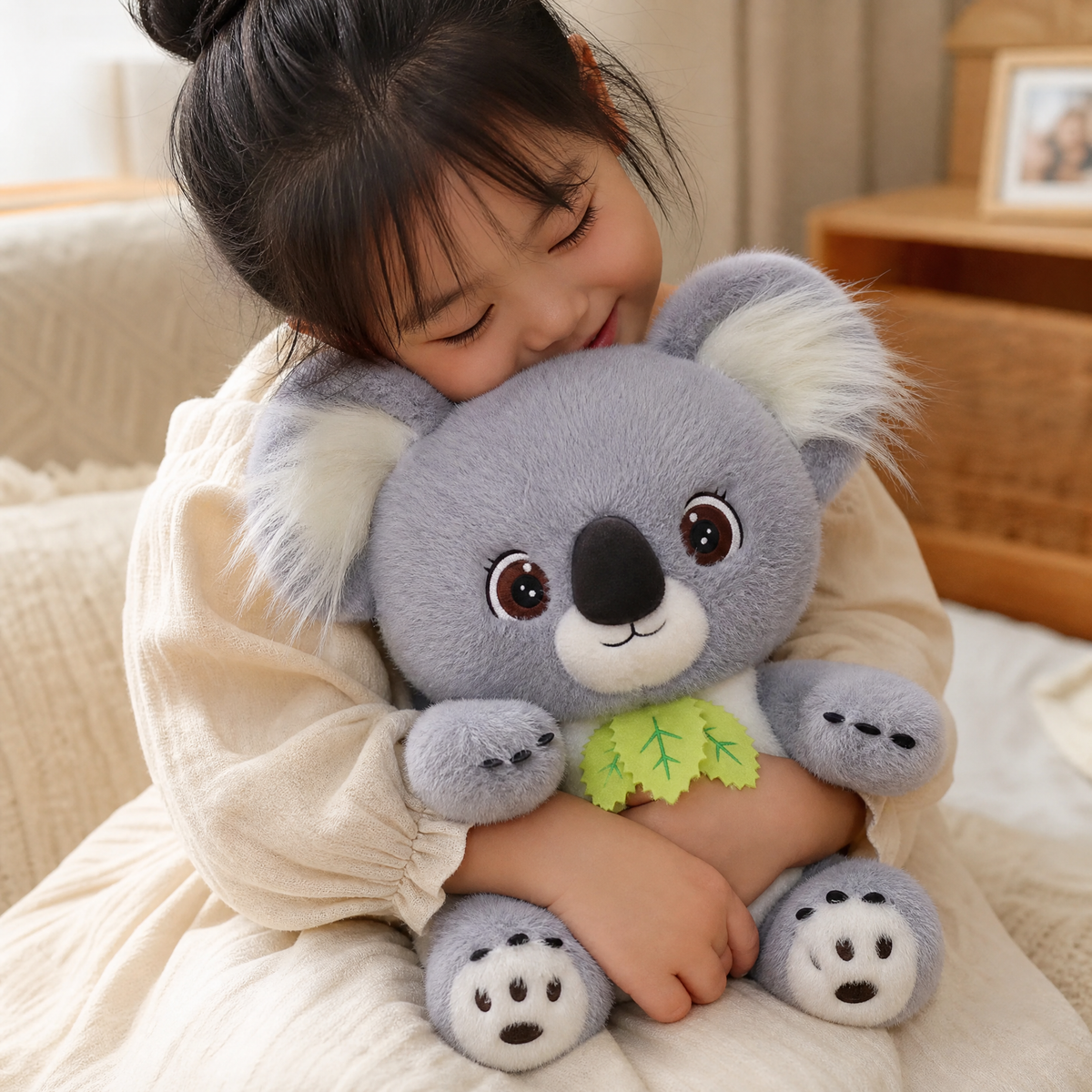 Peluche Koala Gris avec Feuille d'Eucalyptus