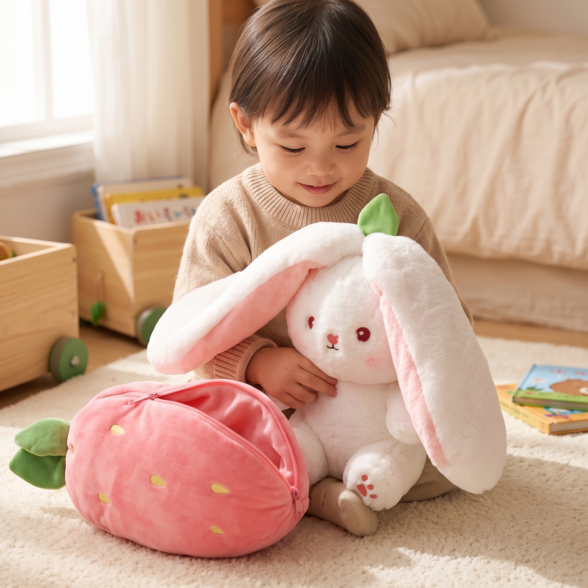 Peluche Lapin Fraise Transformable 2 en 1