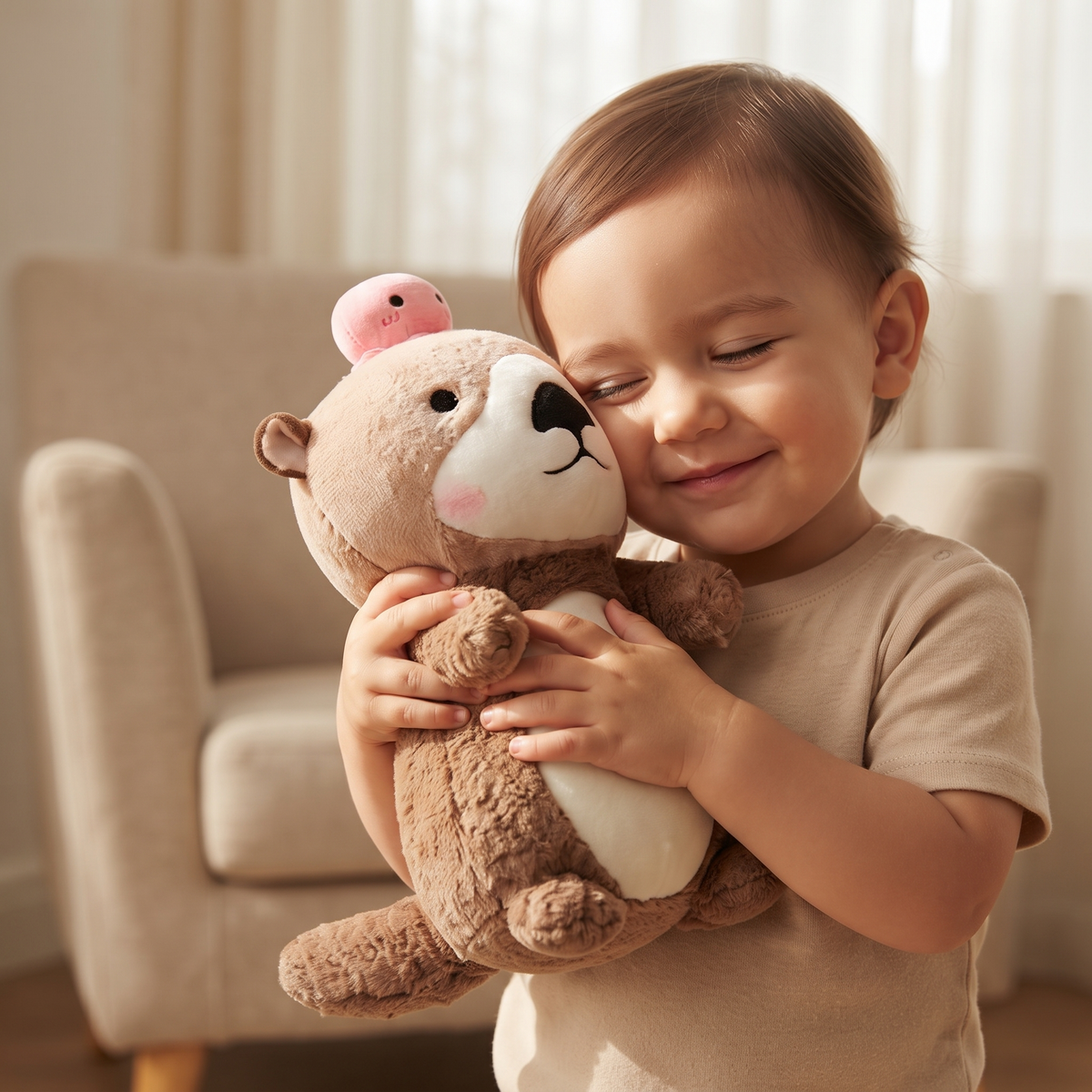 Peluche Loutre avec Poulpe Rose