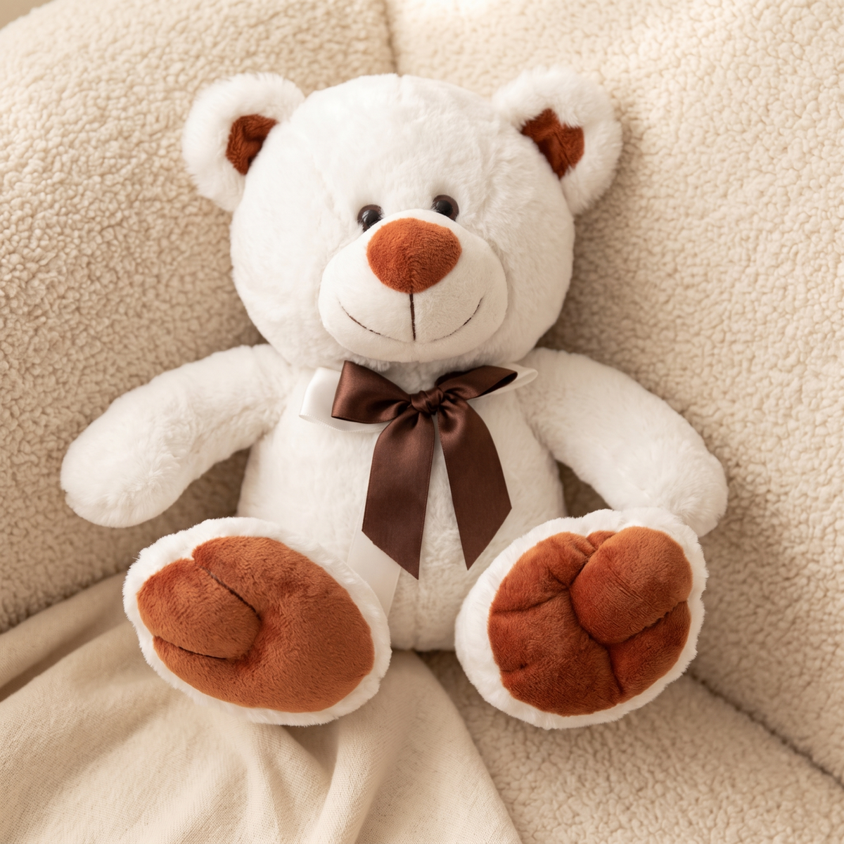 Peluche Ours Blanc avec Nœud Marron