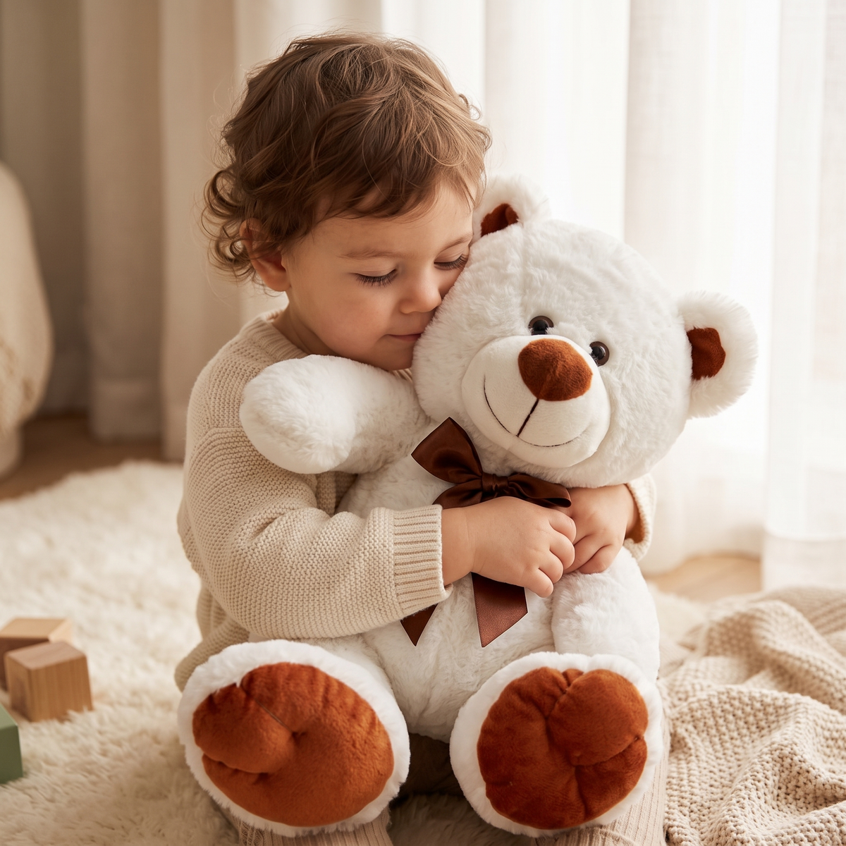 Peluche Ours Blanc avec Nœud Marron