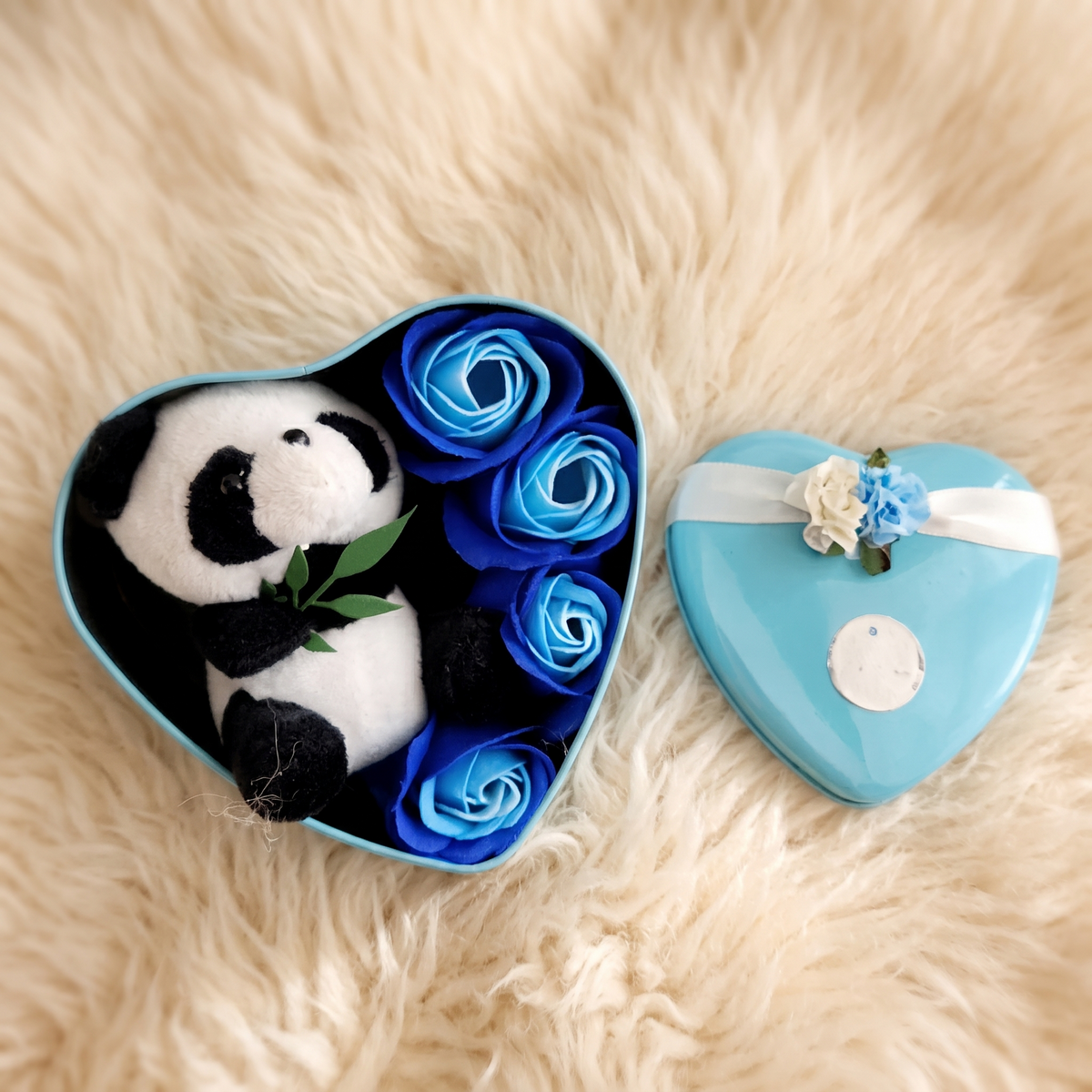 Peluche Panda Coffret Cœur Bleu Saint-Valentin