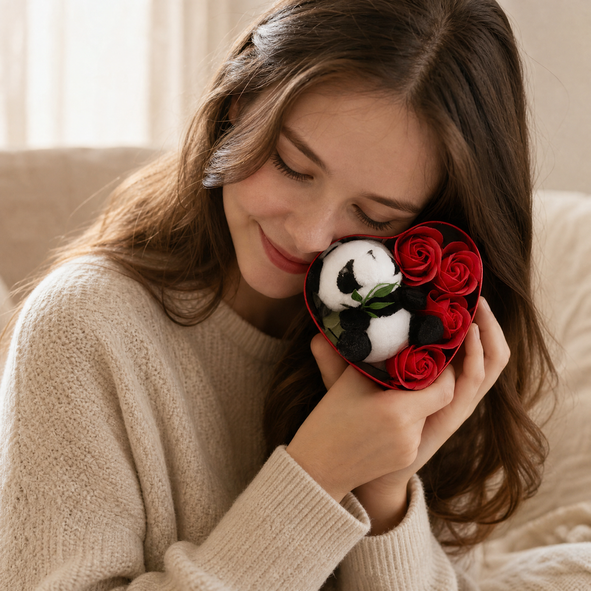 Geschenkset Panda-Plüschtier Herz & Rosen Valentinstag