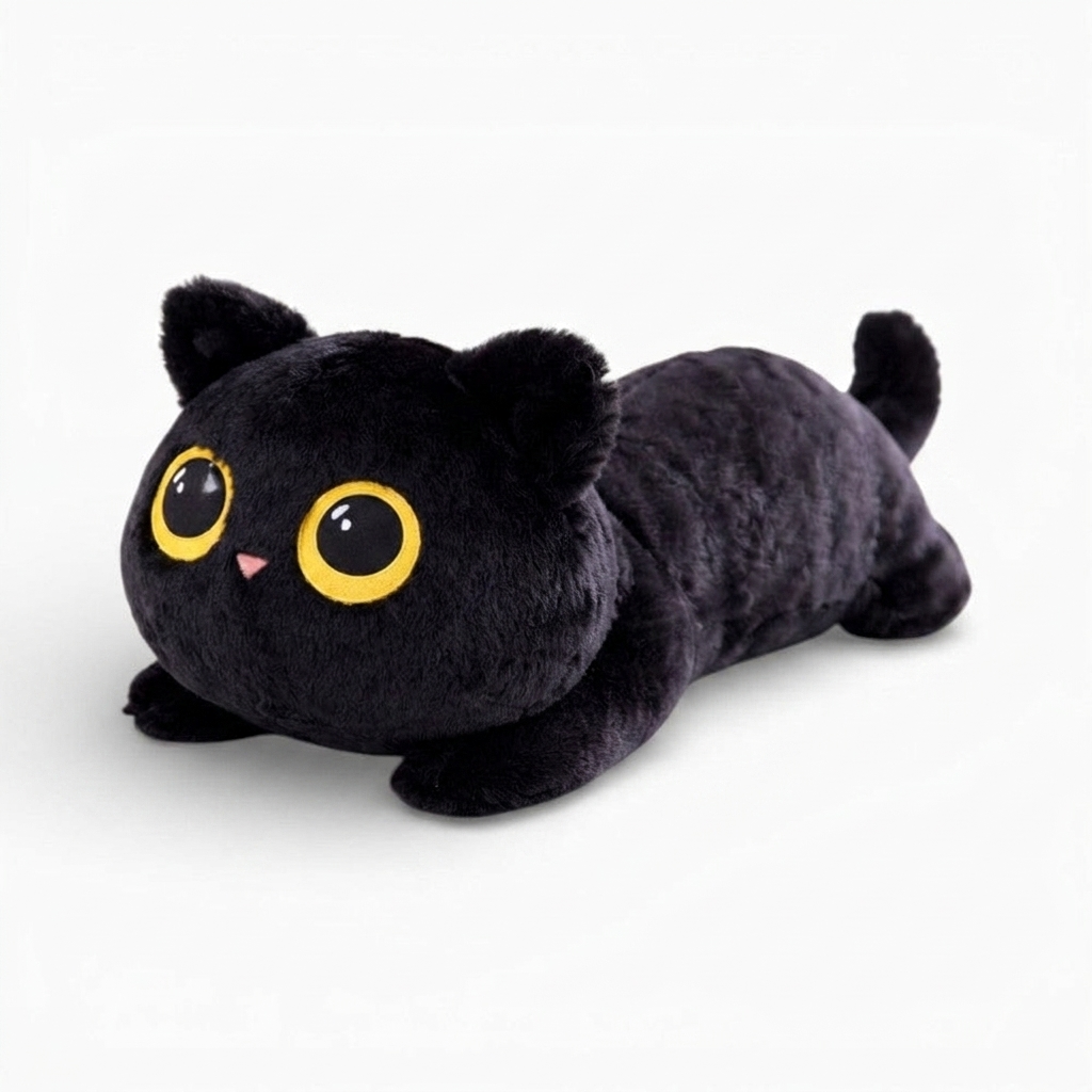 Peluche Chat Noir Kawaii aux Grands Yeux Dorés
