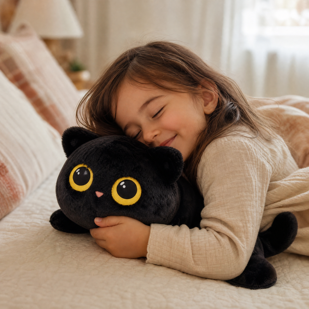 Peluche Chat Noir Kawaii aux Grands Yeux Dorés