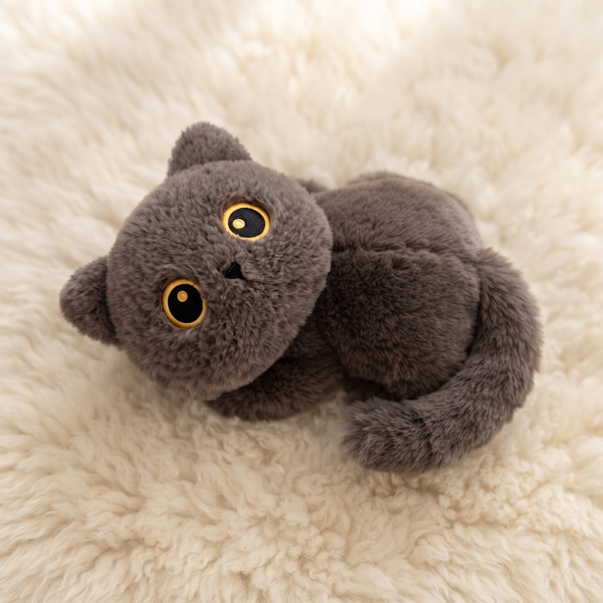 Peluche Chat Noir Couché aux Grands Yeux
