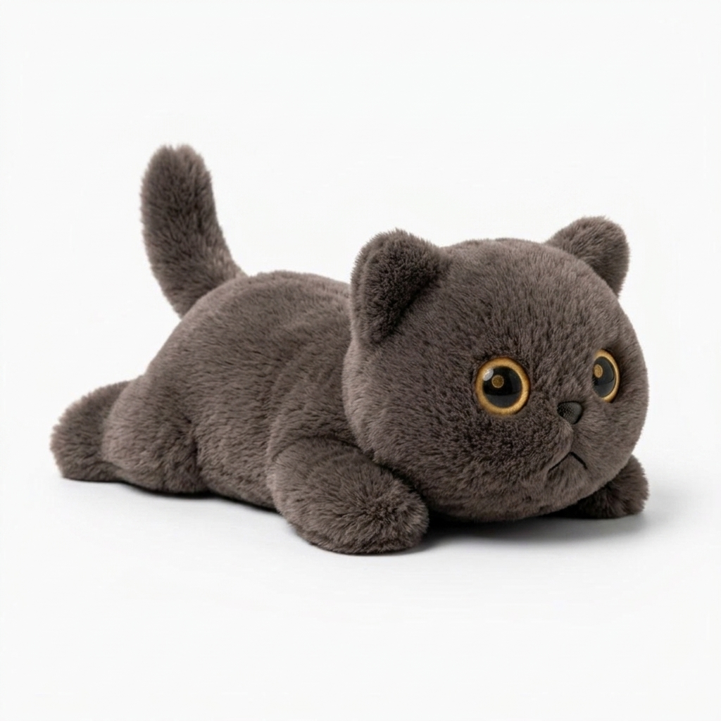 Peluche Chat Noir Couché aux Grands Yeux
