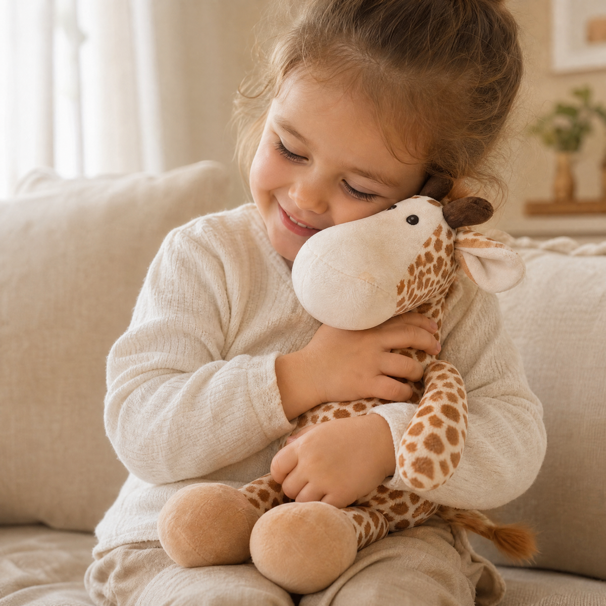 Plüschtier Sitzende Giraffe mit großen Hufen